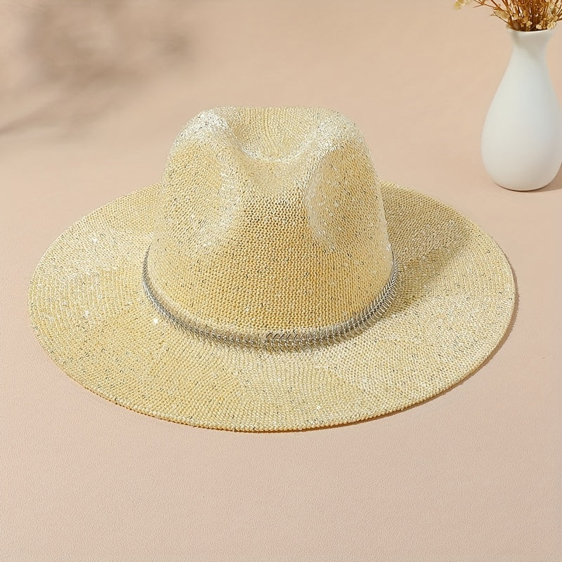 Sequins Sparkling Y2K Sun Hat Chain Decor Solid Fedora Cap