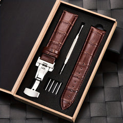 18-24mm Bamboo Pattern Leather Watchband Double Press Butterfly Buckle