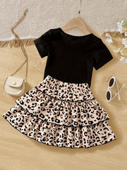 2pcs Girls Casual Round Neck Shirt Top And Leopard Print Skirt Set