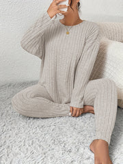 Solid Long Sleeve Top & Leggings Set Ribbed Knit Two Piece