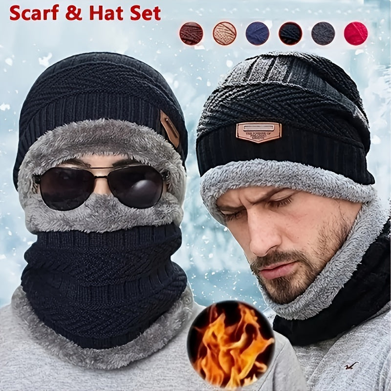 Winter Knitted Hat Scarf Gloves Set Velvet Lining Touch Screen Thermal Gloves