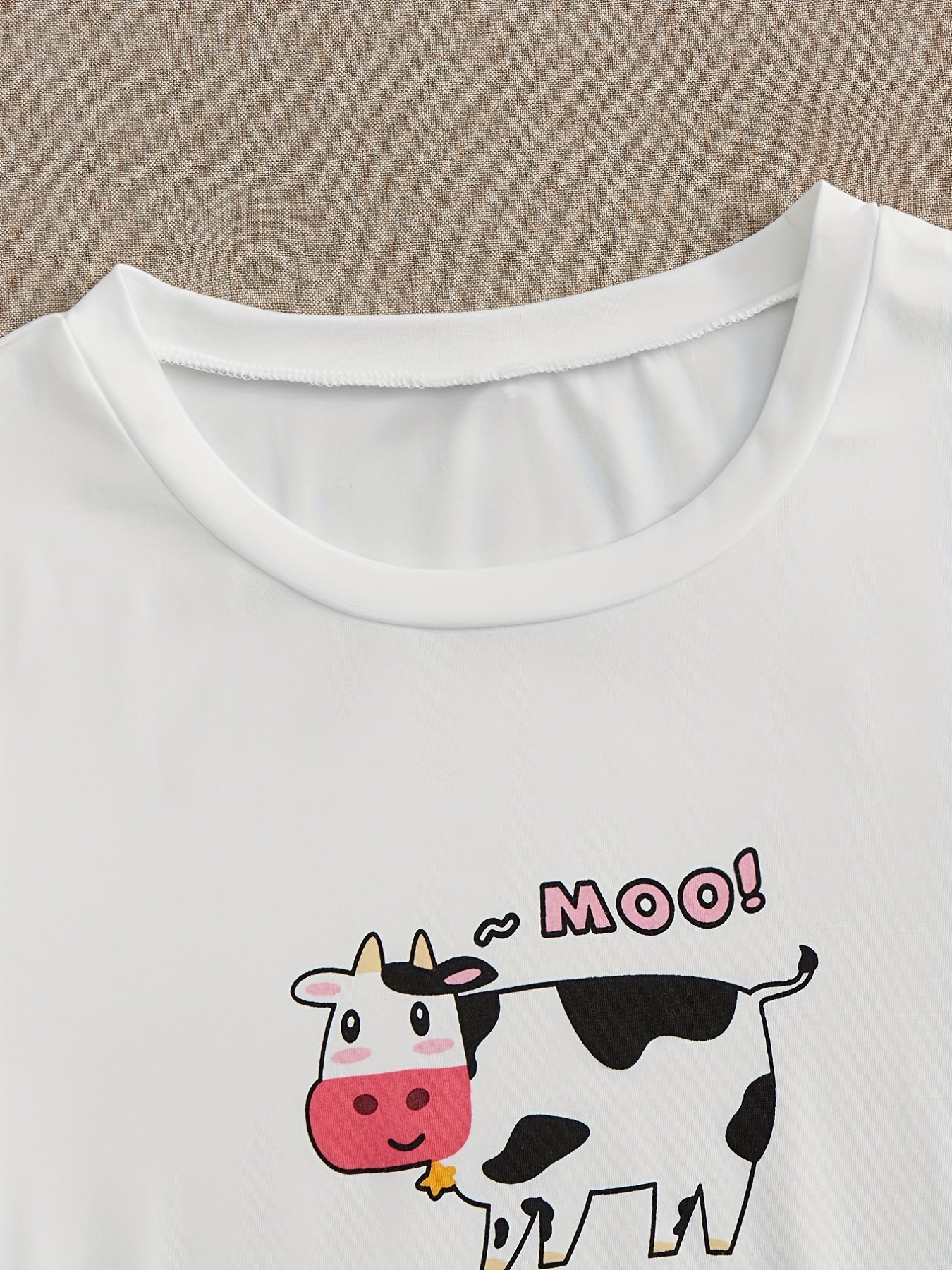 Cow Print Pajamas Set Short Sleeve Crew Neck Top & Shorts & Pants