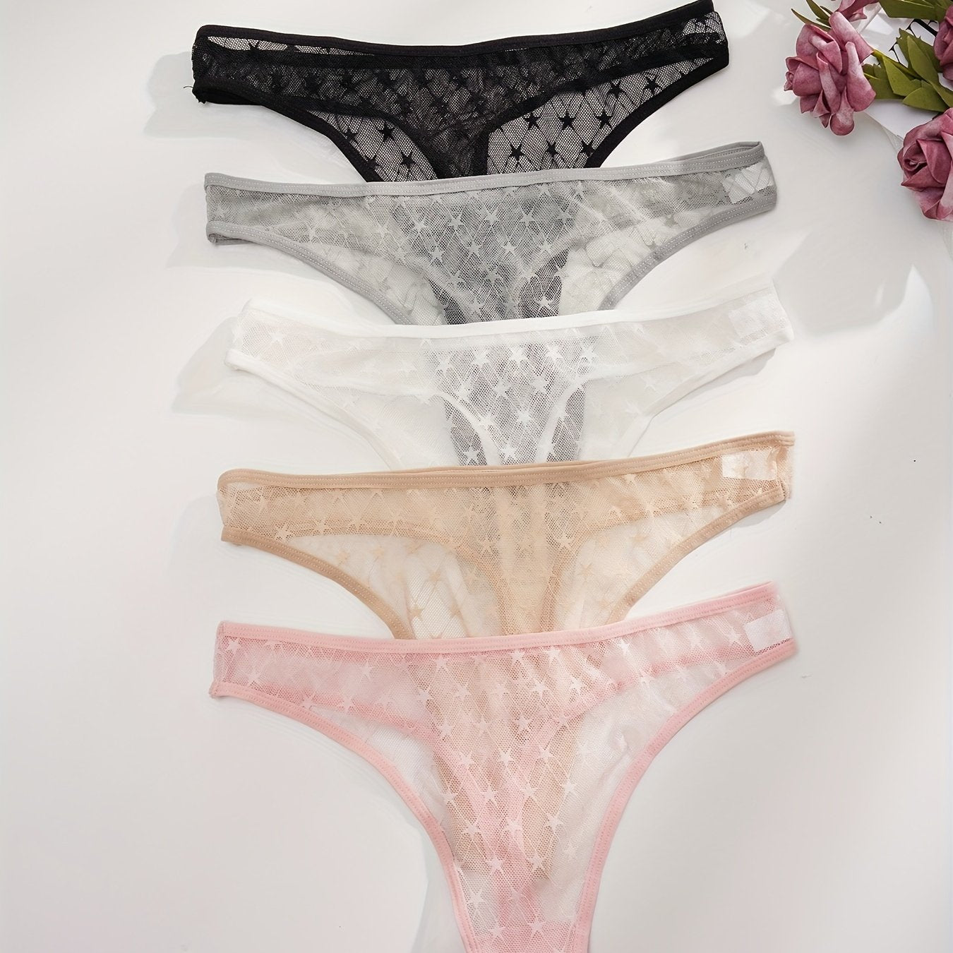 5pcs Star Pattern Mesh Thongs Semi-sheer Intimates Women's Lingerie
