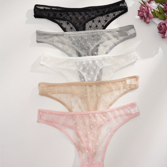 5pcs Star Pattern Mesh Thongs Semi-sheer Intimates Women's Lingerie