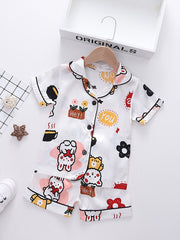 Girls Cartoon Bear Pajamas Set V Neck Button Top & Shorts Kids Summer Clothes