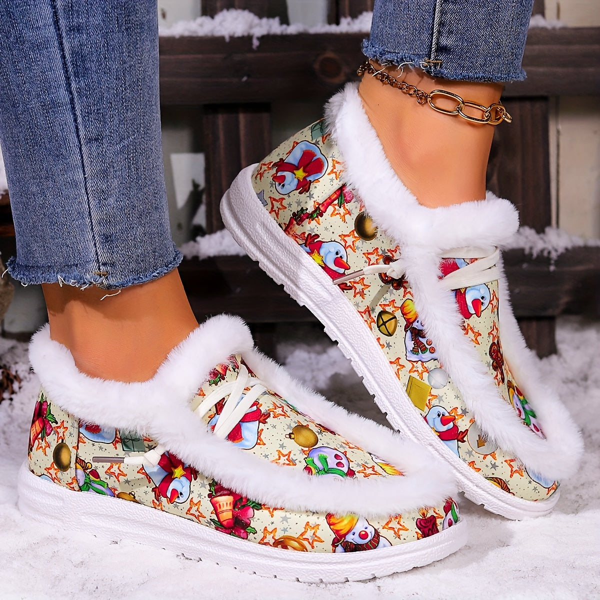 Snowman Christmas Snow Boots Warm Plush Lace-up Flat