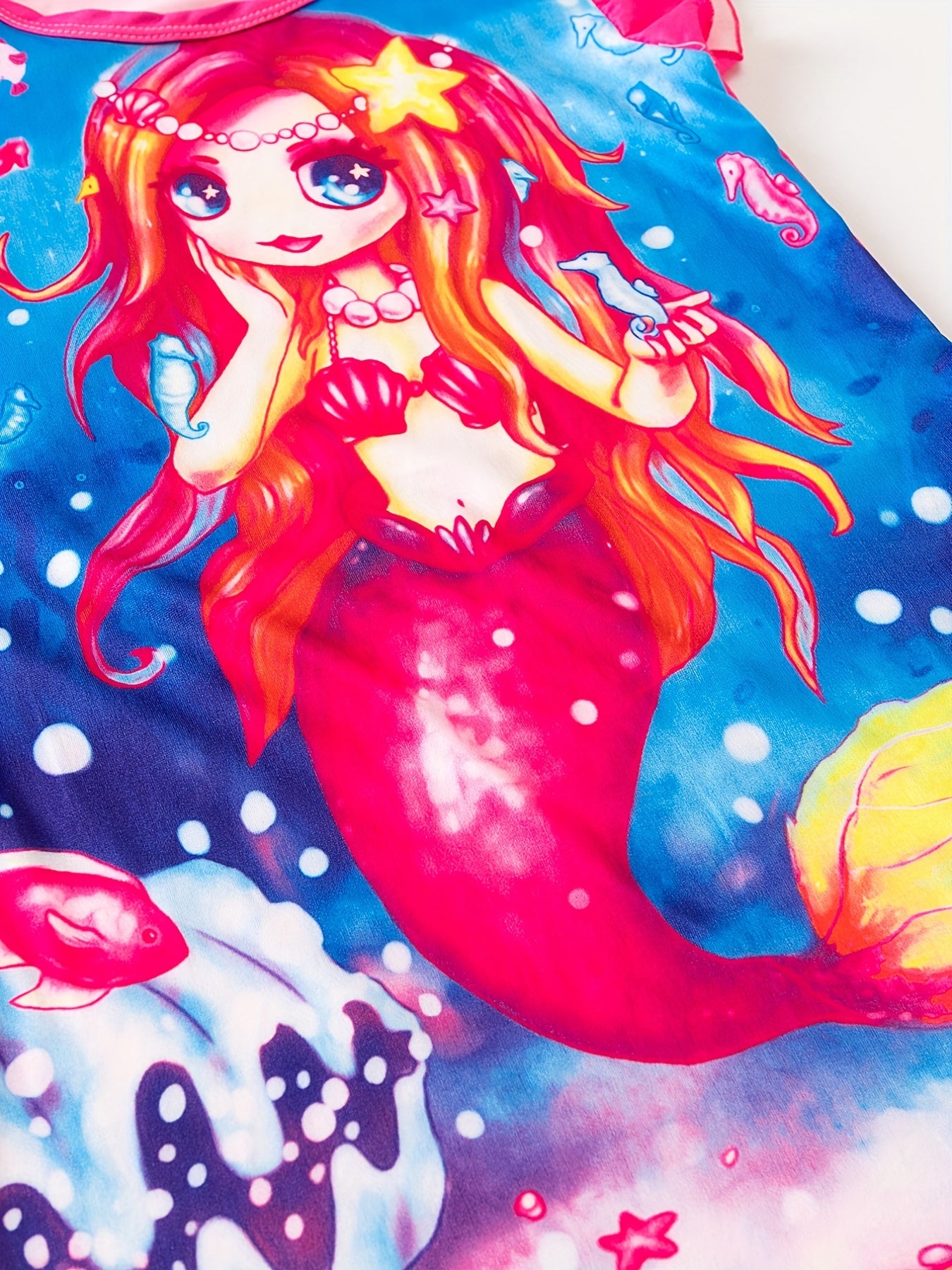 Anime Mermaid Print Sleeveless Ruffle Nightdress for Girls
