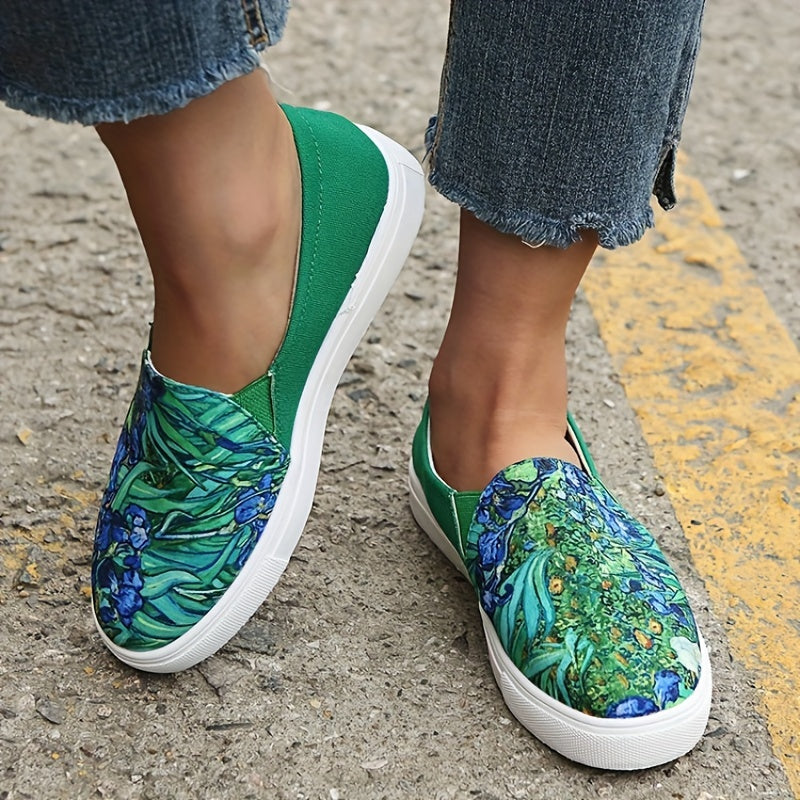 Women's Green Landscape Print Loafers Casual Slip On Canvas Shoes
