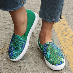Women's Green Landscape Print Loafers Casual Slip On Canvas Shoes