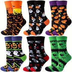 6 Pairs Halloween Skull & Pumpkin Print Funny Mid Tube Socks Women's Stockings