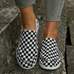 Women's Checkered Canvas Slip On Shoes Lightweight Casual Flat Walking Shoes