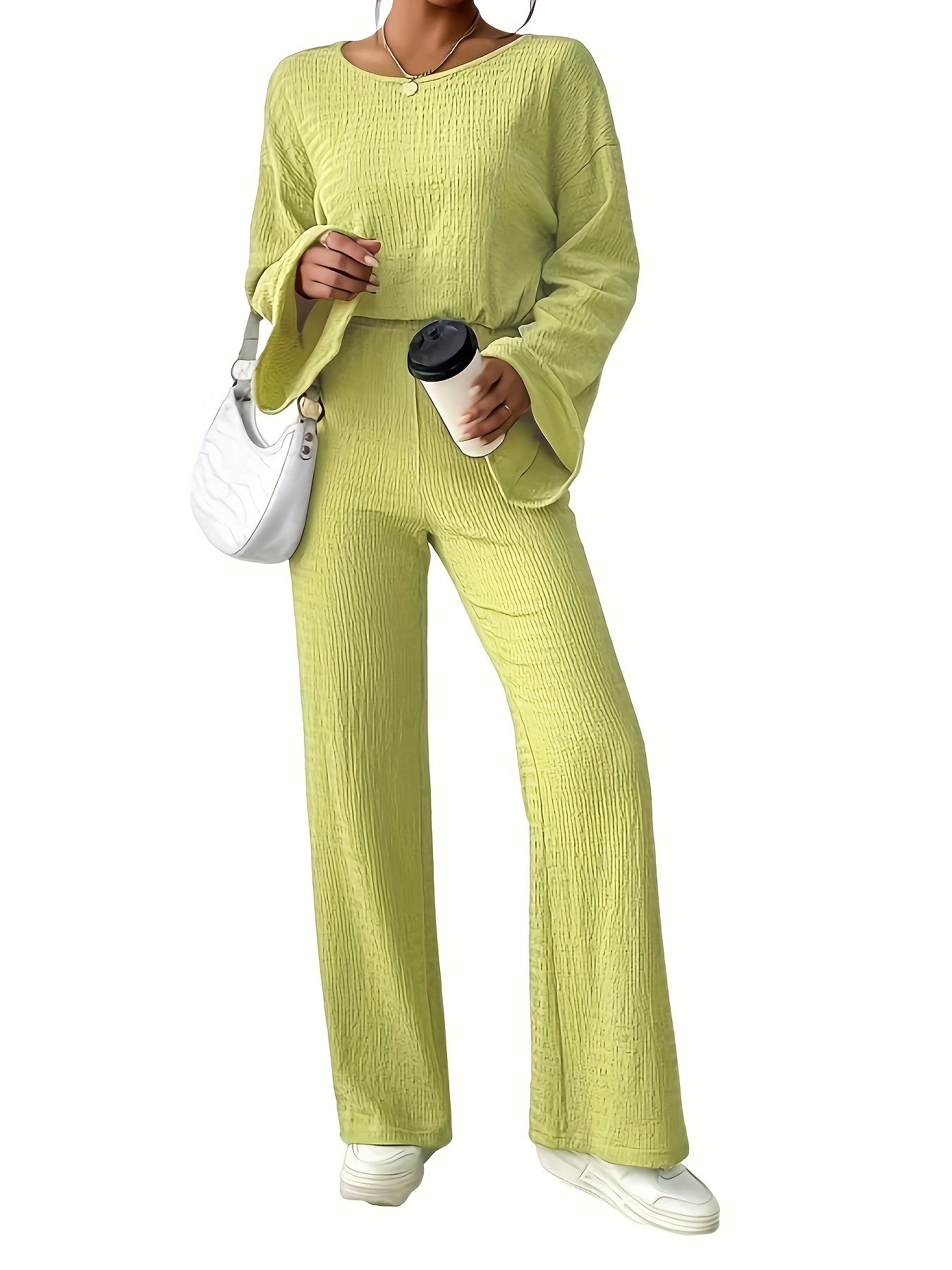 Solid Bell Sleeve Top & Pants Set