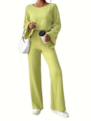 Solid Bell Sleeve Top & Pants Set