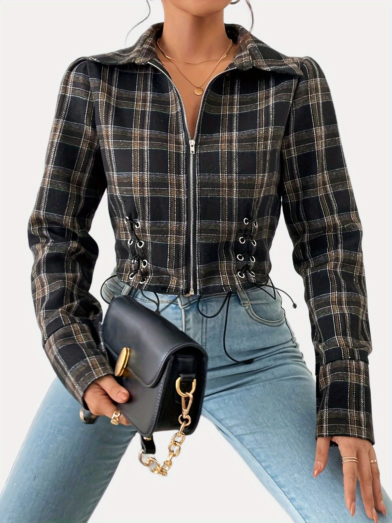 Plaid Drawstring Jacket Zip Up Casual Coat