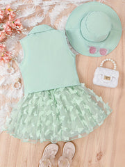 Girls 3pcs Lapel Vest Top & Mesh Tutu Skirt & Hat Summer Set