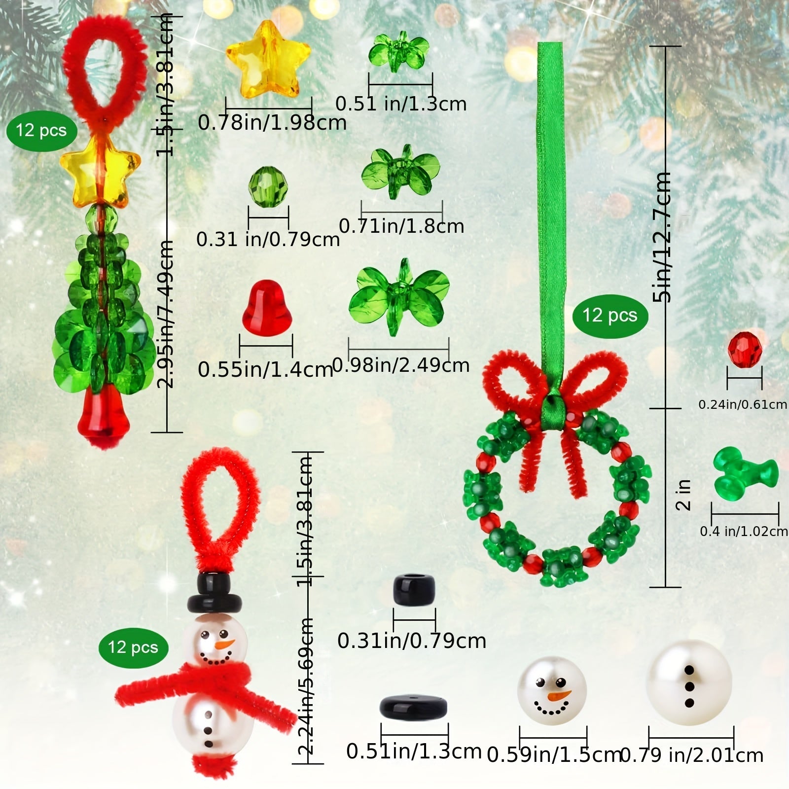 Christmas Beaded Ornament Kit 36pcs Snowman Tree Wreath Craft Party Holiday