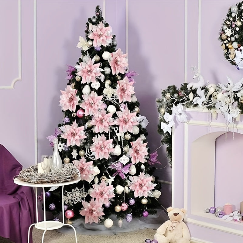 5pcs Glitter Christmas Flowers Xmas Tree Ornaments Decorations