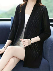 Plus Size Casual Cardigan Women's Plus Solid Hollow Out Half Sleeve Open Front