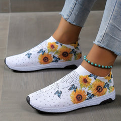 Butterfly Sunflower Pattern Rhinestone Decor Mesh Sneakers
