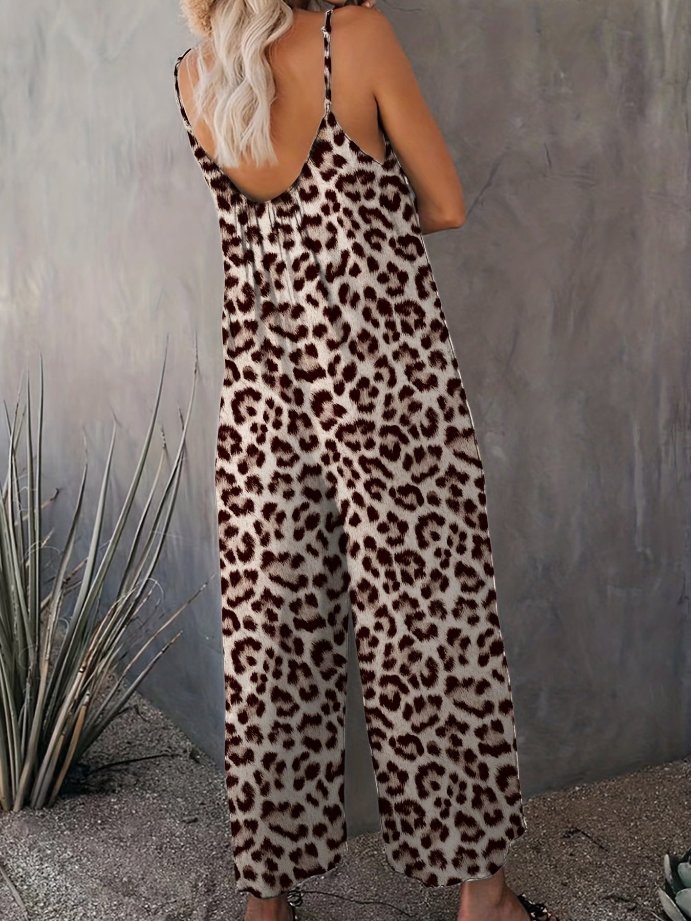 Leopard Print Wide Leg Jumpsuit Sleeveless Casual Jumpsuit