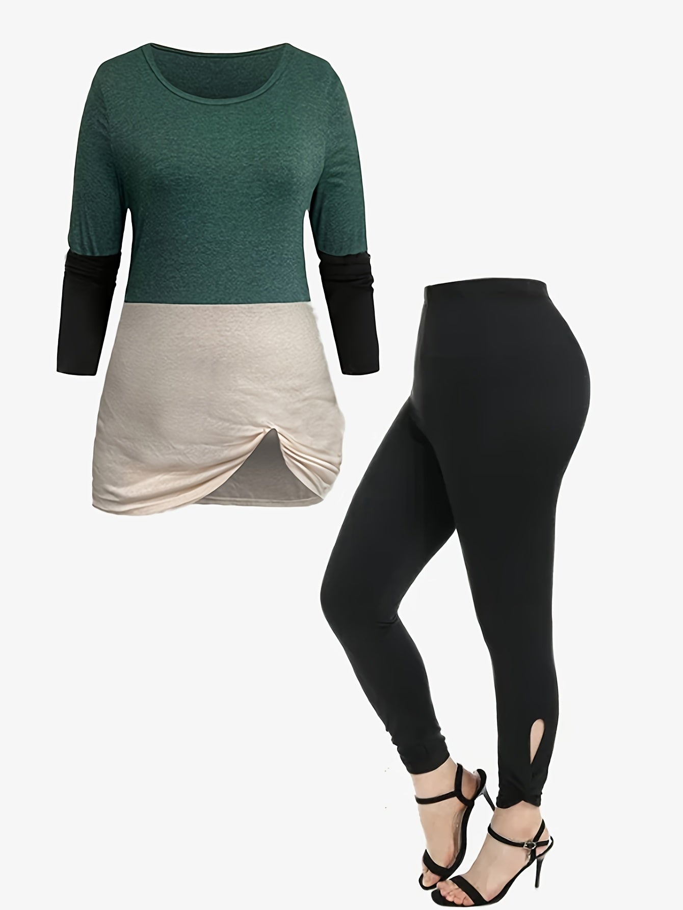 Colorblock Top & Leggings Set Round Neck Casual Outfit