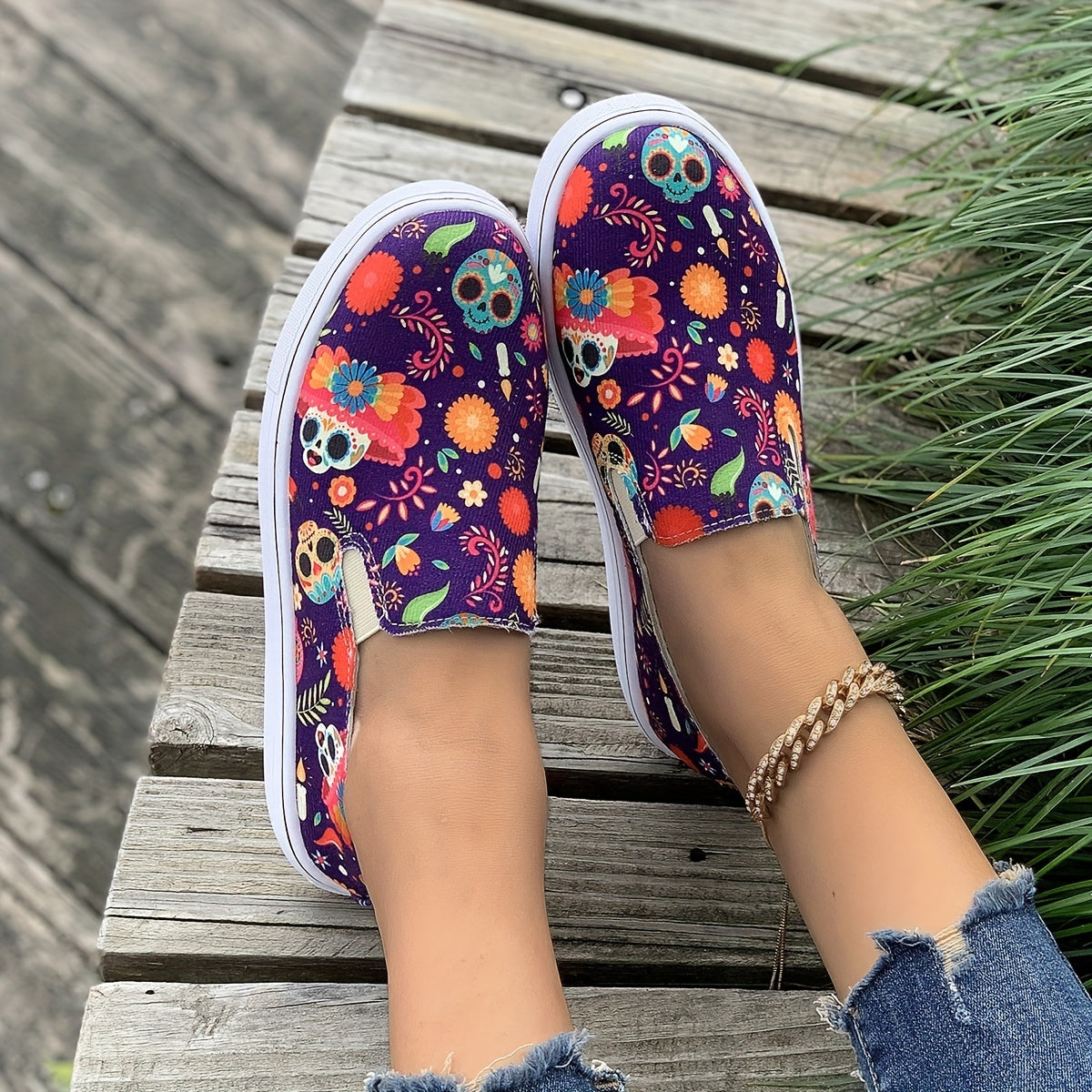 Scary Skull Pattern Slip On Sneakers Loafers Shoes