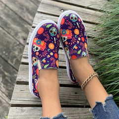 Halloween Skeleton Pattern Slip On Loafers Soft Sole Boat Shoes