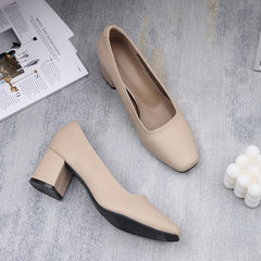 Chunky Heeled Court Pumps Square Toe Slip On Mid Heels for Office Work