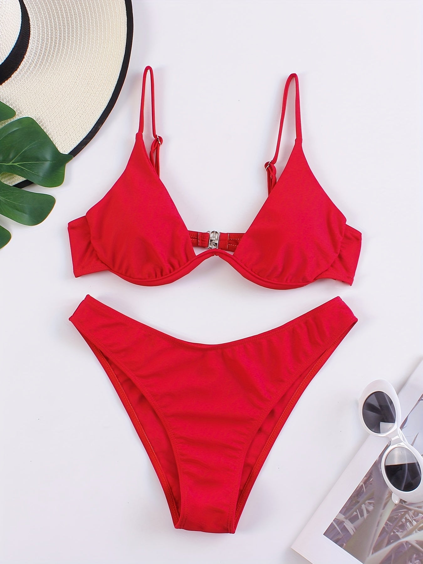 Red Triangle High Strech Bikini Set Spaghetti Straps Sexy Swimsuit