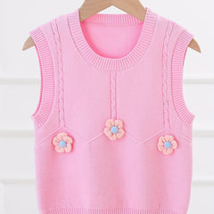 Girls' Knit Vest Flower Decor Sweater Pullover for Autumn/Winter
