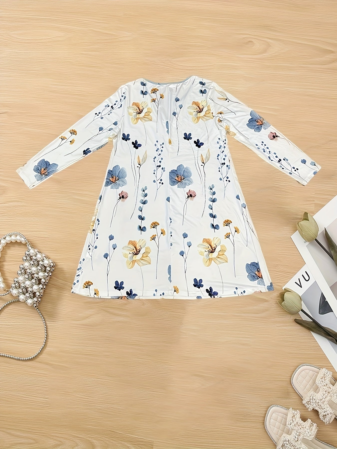 Floral Print Long Sleeve Stretch Dress