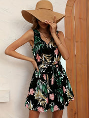 Vacation Floral Print Tie Back Dress V Neck Sleeveless Slim Waist Dress