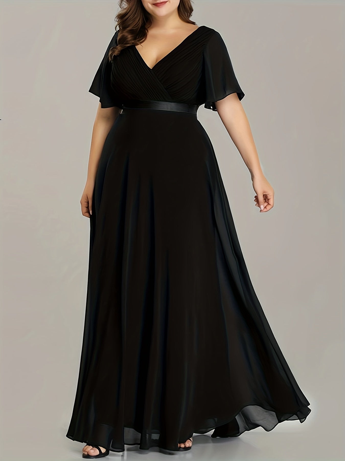 Solid Ruffle Sleeve Maxi Formal Evening Dress