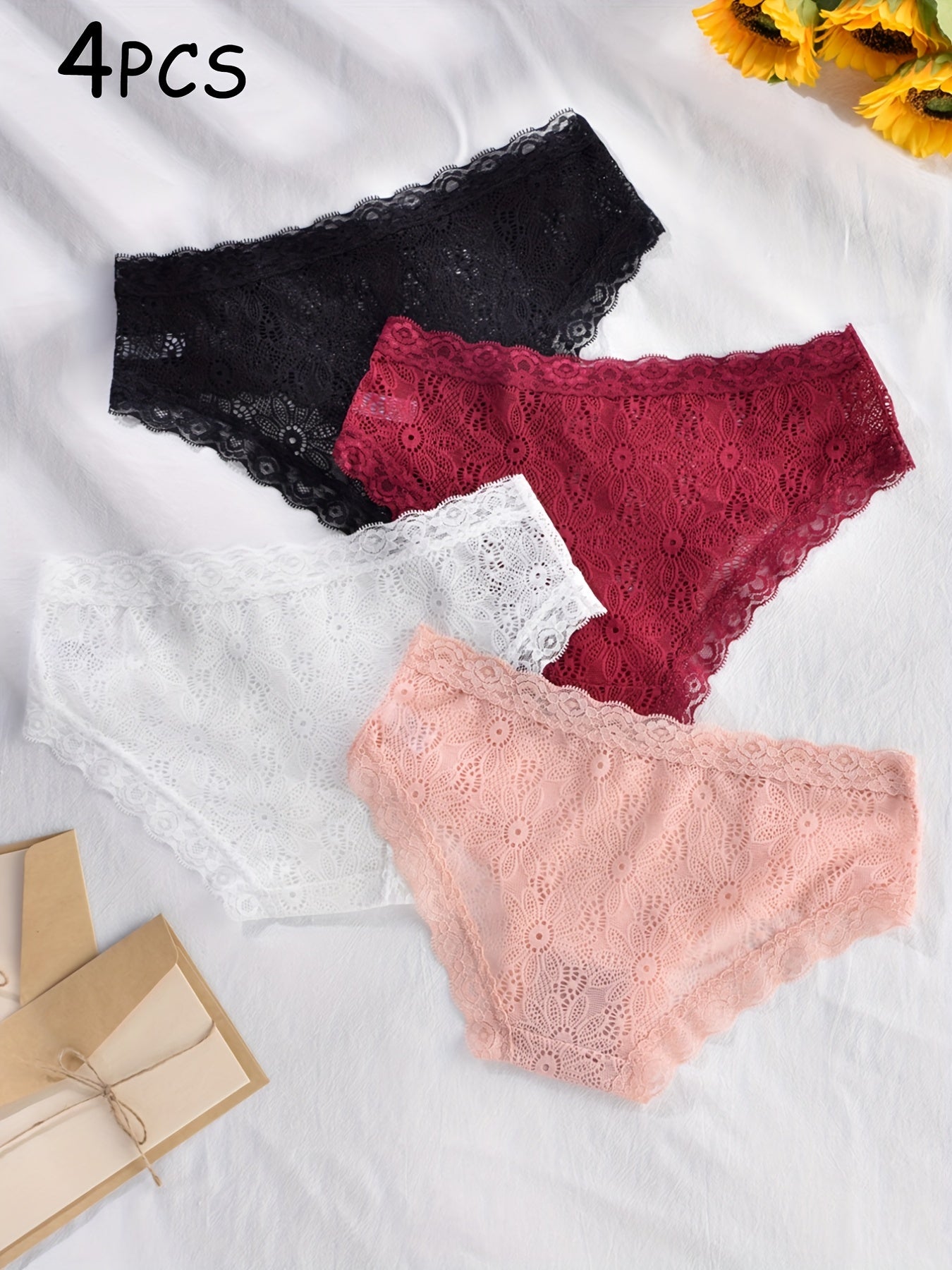 4pcs Floral Lace Briefs Scallop Trim Panties Women's Lingerie