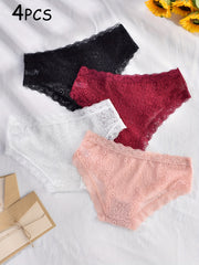 4pcs Floral Lace Briefs Scallop Trim Panties Women's Lingerie