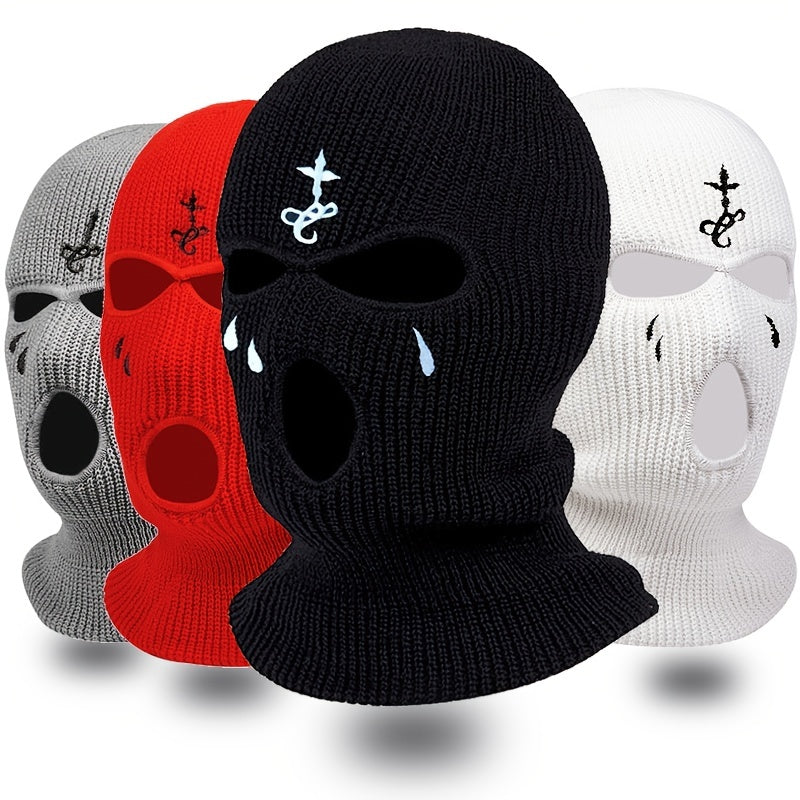 3-Hole Embroidery Mask Hat Outdoor Sunscreen Warm Beanie