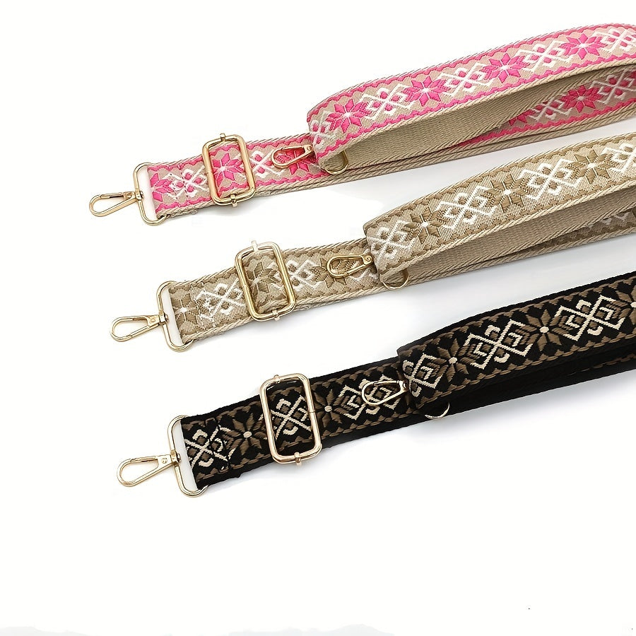 Geometric Pattern Embroidered Bag Strap Wide Adjustable Travel Accessory