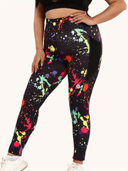Sports Leggings Women's Plus Splash Print Wide Band Waist High Rise