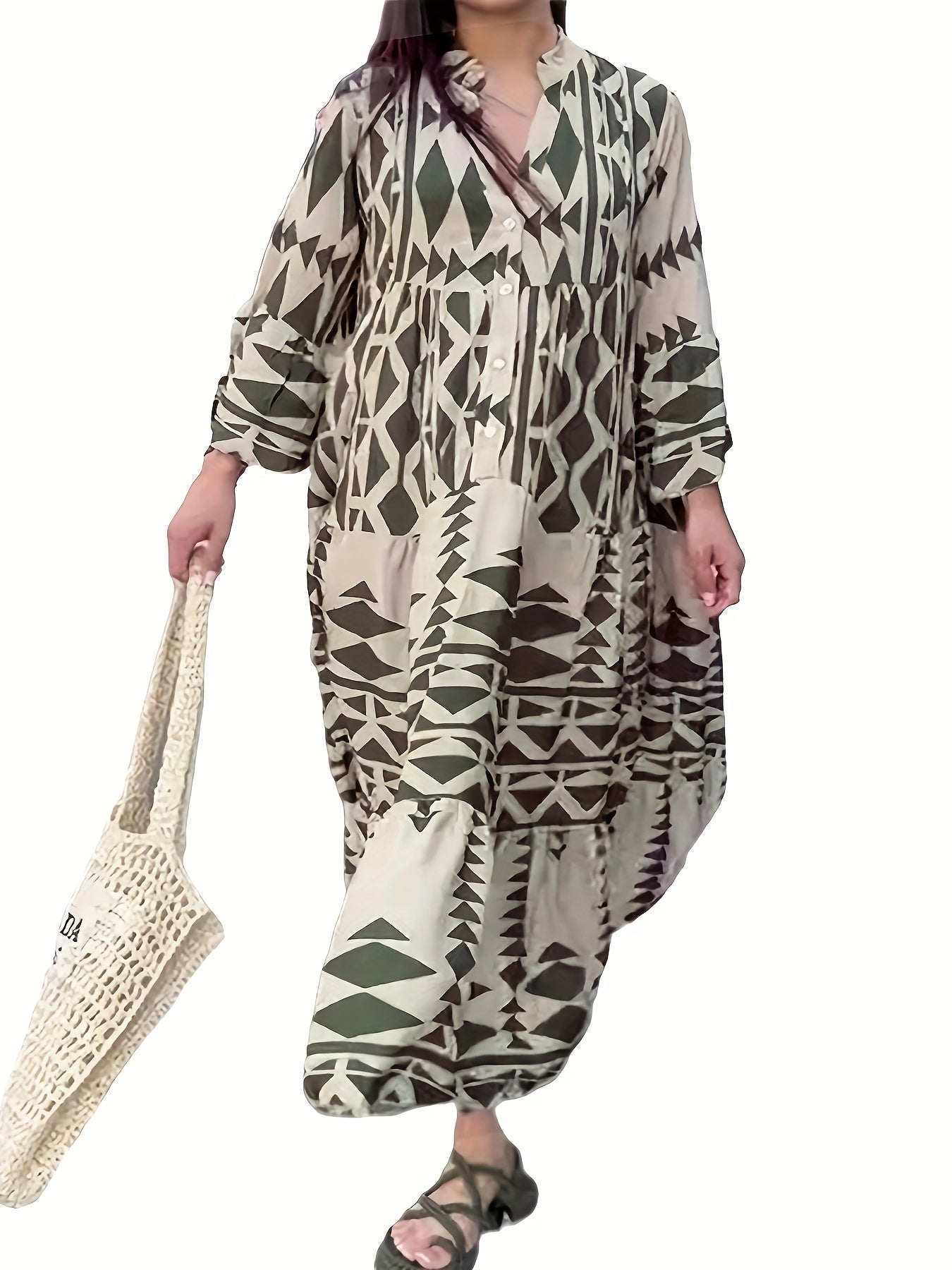 Geo Print Tiered Dress Button Front Boho Long Sleeve