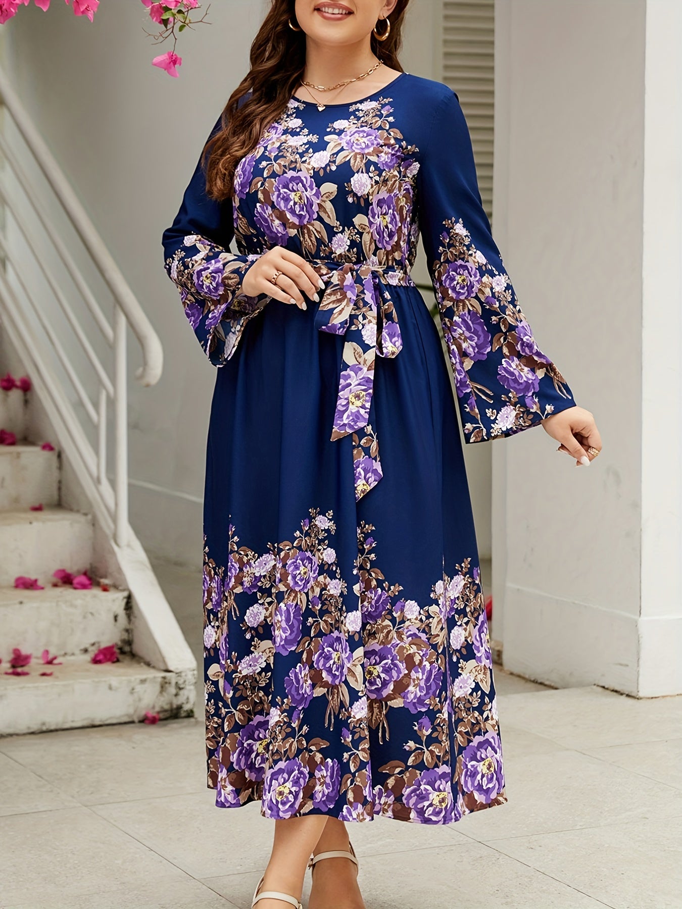 Floral Print Bell Sleeve Plus Size Maxi Dress With Belt