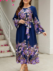 Floral Print Bell Sleeve Plus Size Maxi Dress With Belt