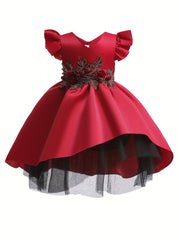 Toddler Girls Ruffle Trim Princess Dress Gown Three dimensional Flowers Embroide