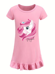 Toddler Girl's Unicorn Print Nightgown Ruffle Short Sleeve Nightdress