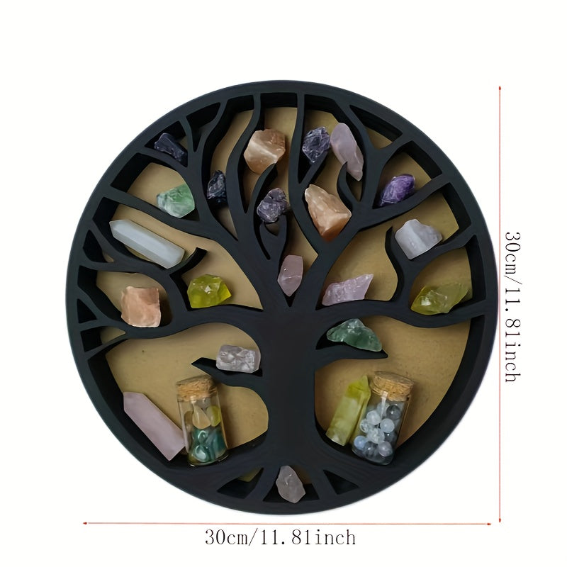 Round Crystal Storage Rack Tree Of Life Decor Wooden Stand