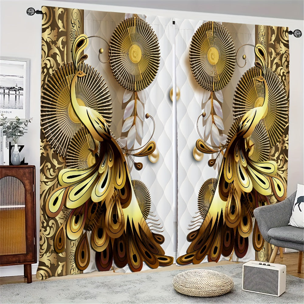 2 Panels Golden Peacock Curtain Rod Pocket Top Window Drapes