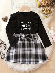 Baby Girls Cat Face Top & Plaid Skirt Set