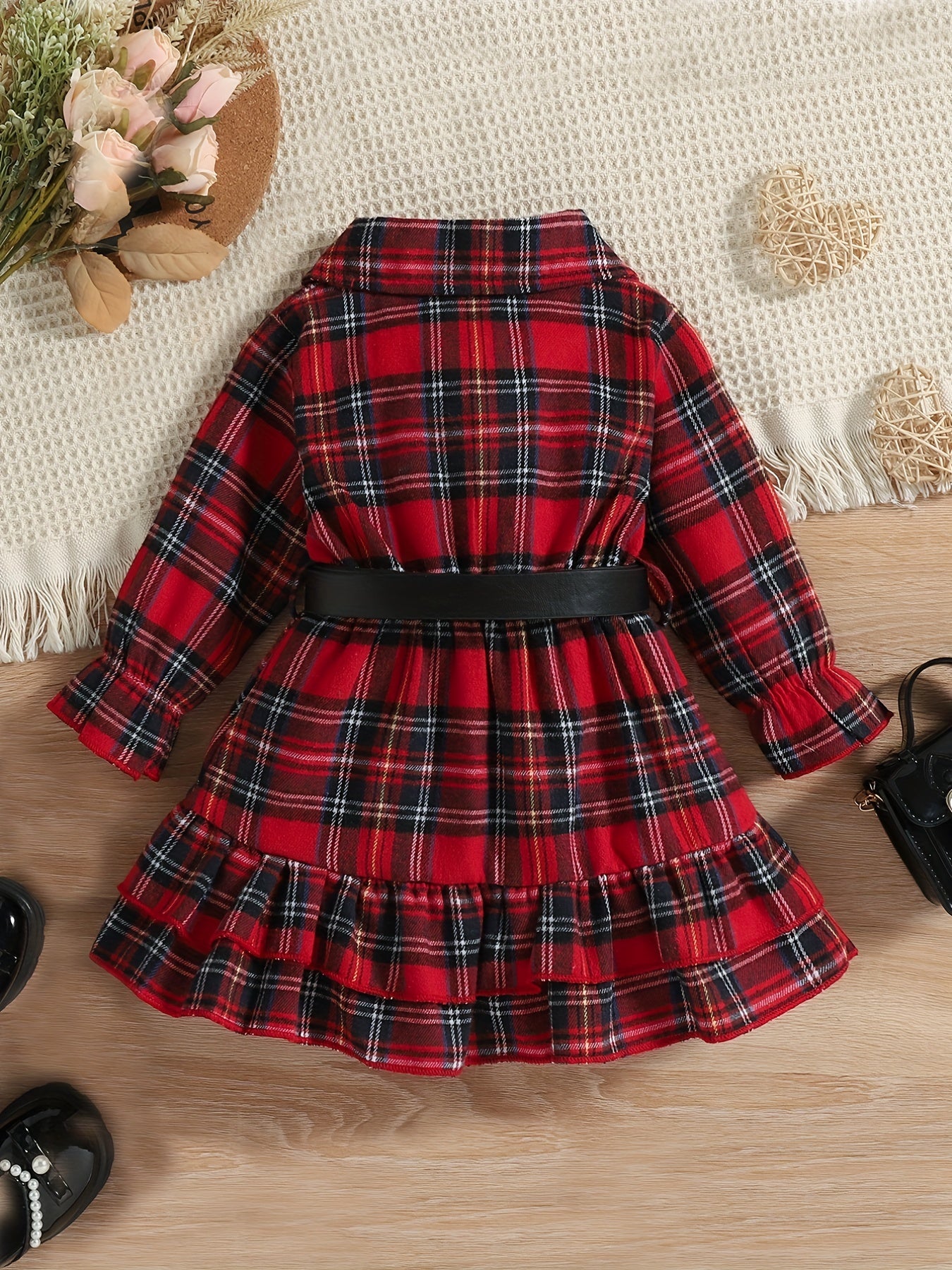 Toddler Baby Girls Christmas Outfit Stand Collar Ruffled Plaid Shirt Dress