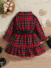 Toddler Baby Girls Christmas Outfit Stand Collar Ruffled Plaid Shirt Dress