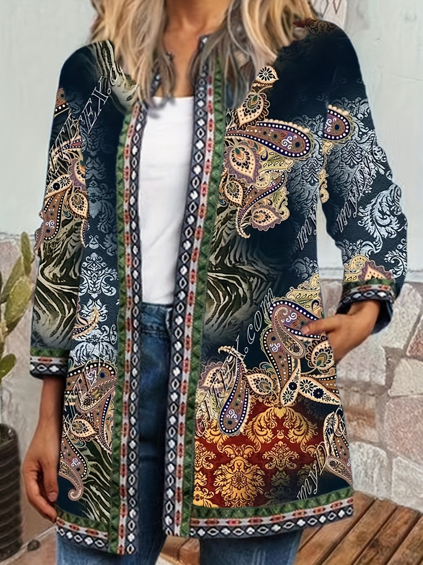 Ethnic Print Open Front Jacket Vintage Long Sleeve Crew Neck Outerwear