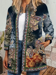 Ethnic Print Open Front Jacket Vintage Long Sleeve Crew Neck Outerwear